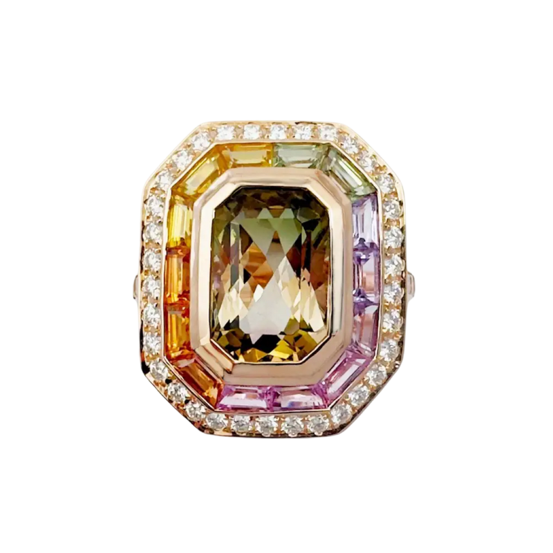 JR0479L - Bi-Color Tourmaline with Multi Color Sapphire & Diamond Ring set in 18K Rose Gold Setting