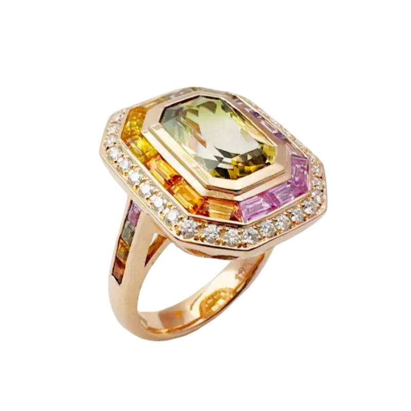JR0479L - Bi-Color Tourmaline with Multi Color Sapphire & Diamond Ring set in 18K Rose Gold Setting