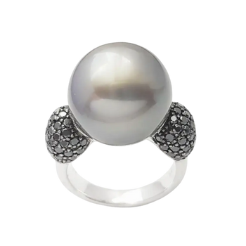 JR0461N - Tahitian South Sea Pearl with Black Diamond Ring set in 18K White Gold Setting