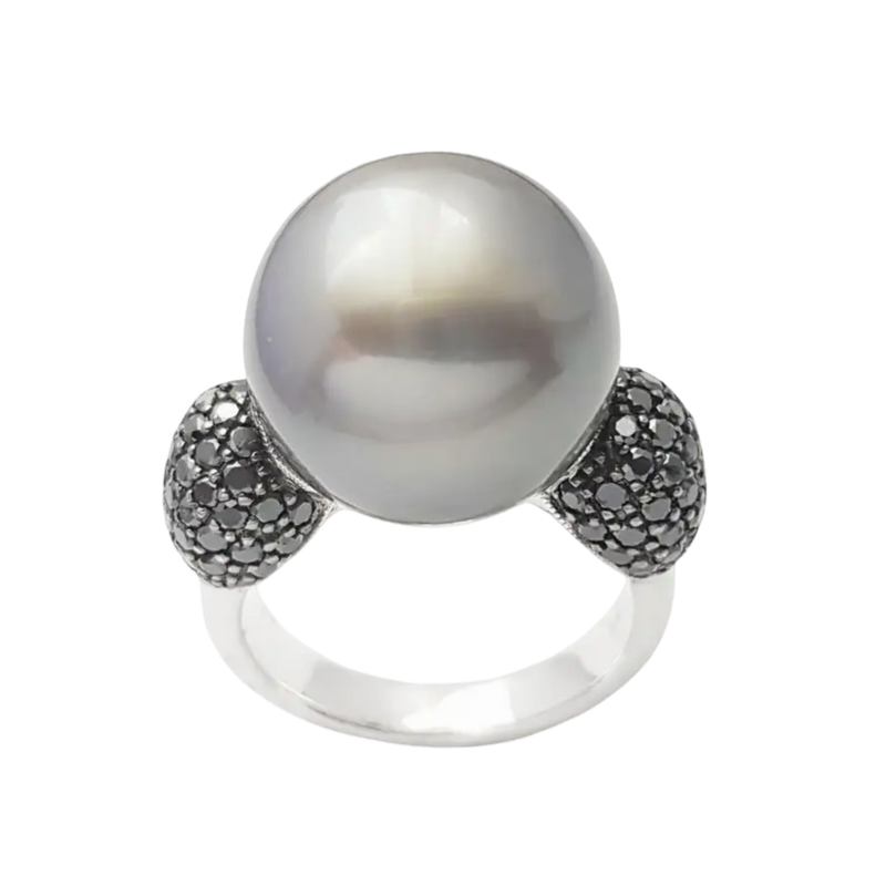 JR0461N - Tahitian South Sea Pearl with Black Diamond Ring set in 18K White Gold Setting
