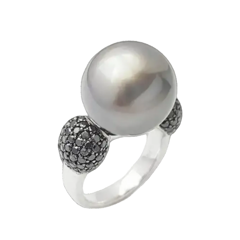 JR0461N - Tahitian South Sea Pearl with Black Diamond Ring set in 18K White Gold Setting