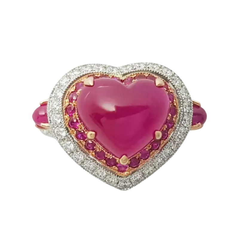 JR0610M - Heart Shape Cabochon Ruby with Ruby & Diamond Ring