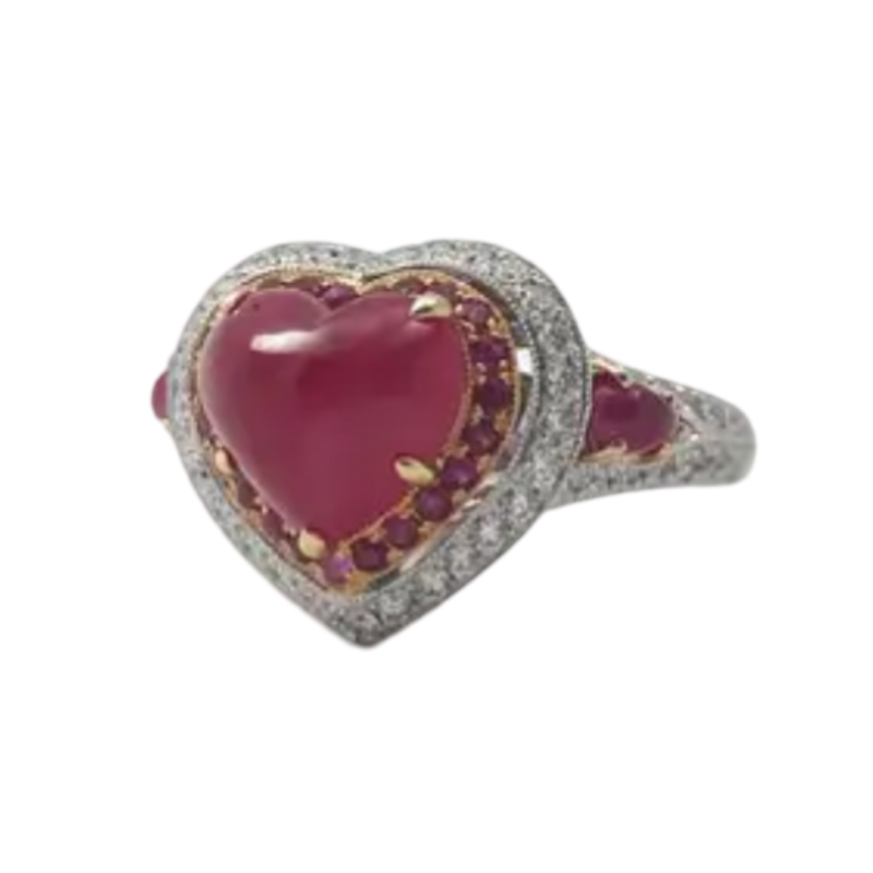 JR0610M - Heart Shape Cabochon Ruby with Ruby & Diamond Ring