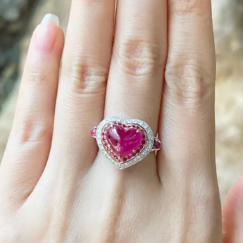 JR0610M - Heart Shape Cabochon Ruby with Ruby & Diamond Ring