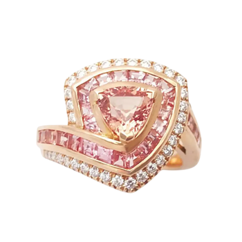 JR0867M - Trillion Cut Padparadscha, Pink Sapphire and Diamond Ring set in 18K Rose Gold Setting