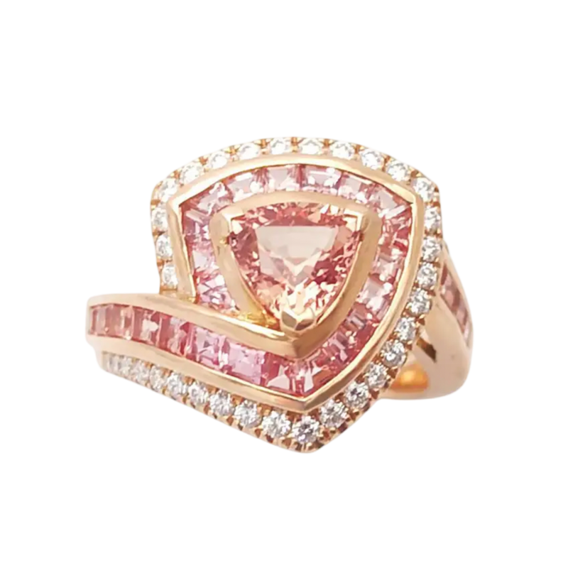 JR0867M - Trillion Cut Padparadscha, Pink Sapphire and Diamond Ring set in 18K Rose Gold Setting