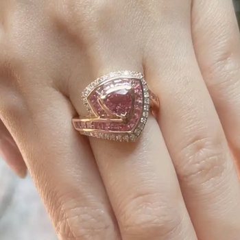 JR0867M - Trillion Cut Padparadscha, Pink Sapphire and Diamond Ring set in 18K Rose Gold Setting