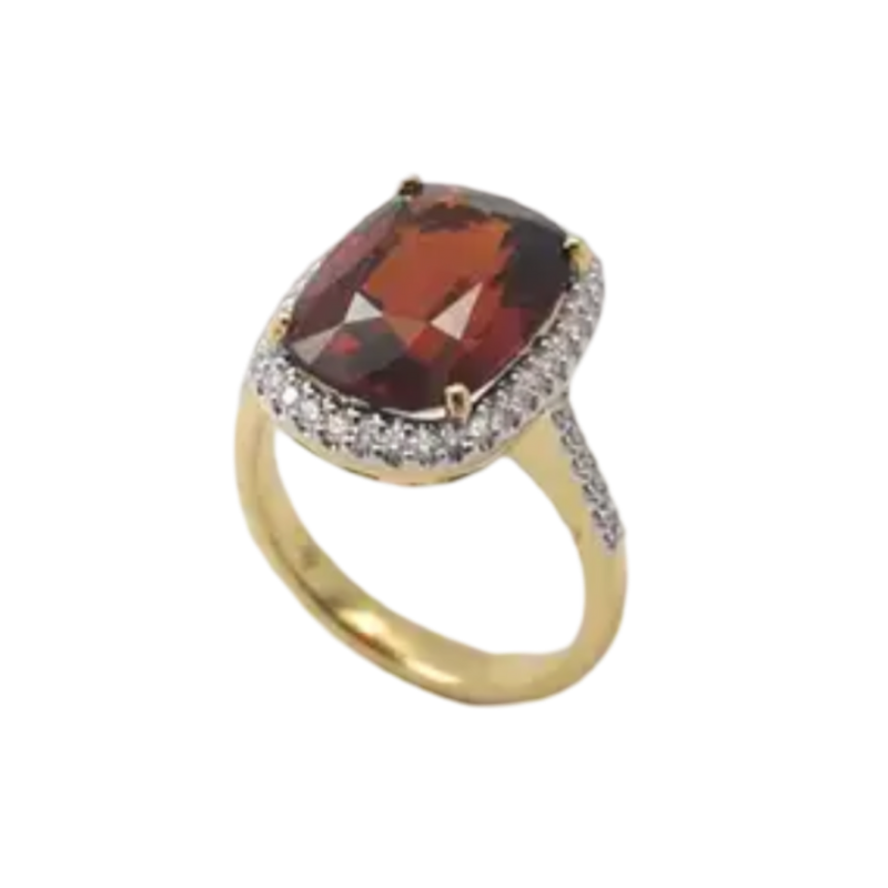 JR0299L - Cushion Cut Spessartite Garnet with Halo Diamond Ring set in 18K Gold Setting