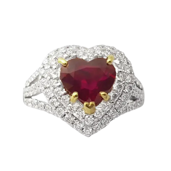 JR0398L - Unheated Heart Shape Burmese Ruby with Diamond Ring set in 18K White Gold