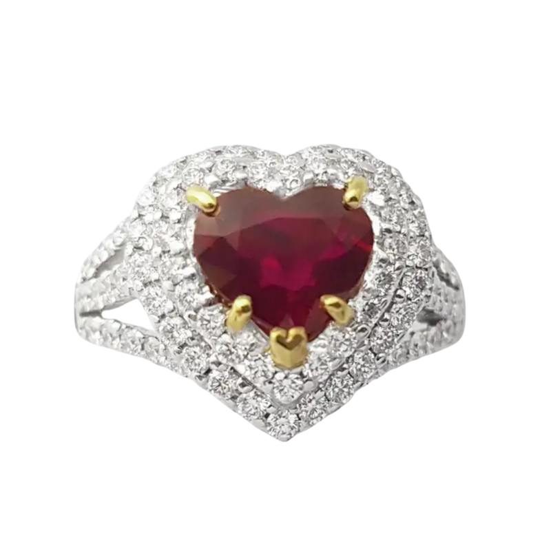 JR0398L - Unheated Heart Shape Burmese Ruby with Diamond Ring set in 18K White Gold