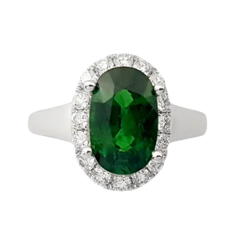 JR0176L - Tsavorite with Halo Diamond Ring set in 18K White Gold Setting