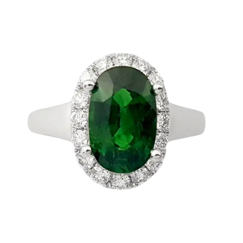 JR0176L - Tsavorite with Halo Diamond Ring set in 18K White Gold Setting