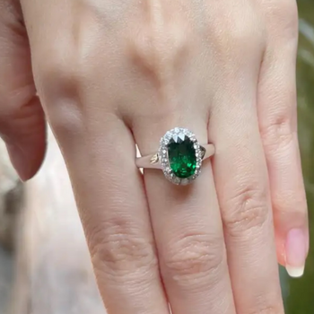 JR0176L - Tsavorite with Halo Diamond Ring set in 18K White Gold Setting