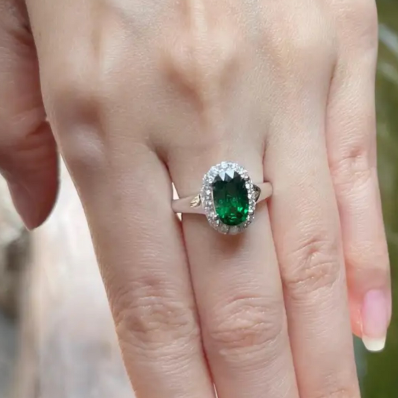 JR0176L - Tsavorite with Halo Diamond Ring set in 18K White Gold Setting