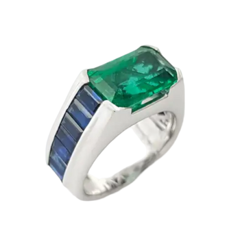JR0262L - Zambian Emerald with Blue Sapphire Ring set in Platinum 950 Setting