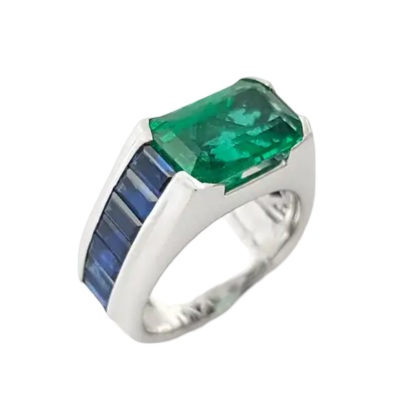 JR0262L - Zambian Emerald with Blue Sapphire Ring set in Platinum 950 Setting