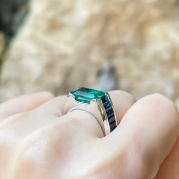 JR0262L - Zambian Emerald with Blue Sapphire Ring set in Platinum 950 Setting