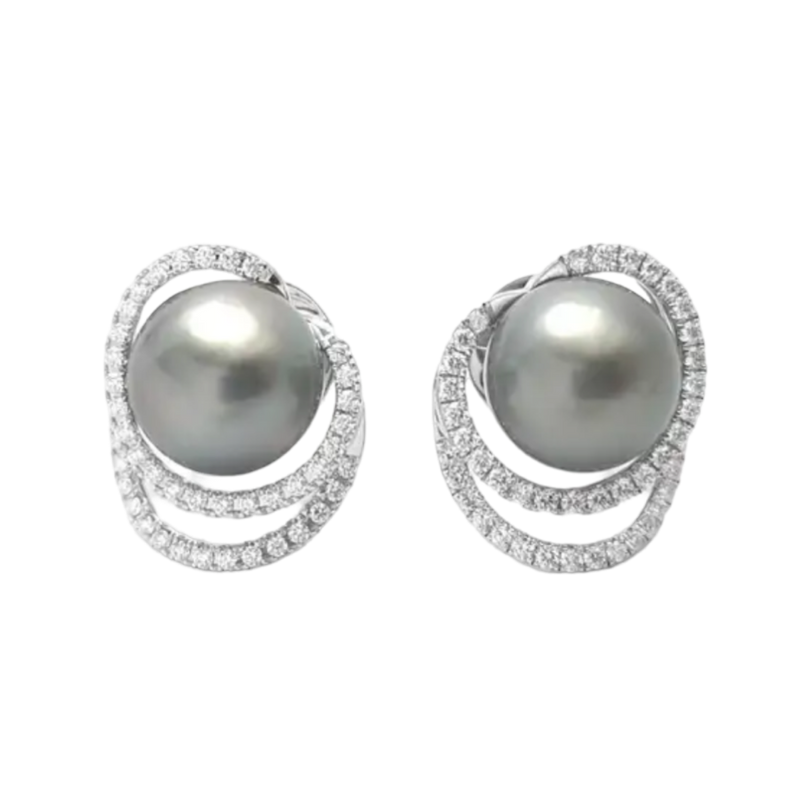 JE0654S - Grayish South Sea Pearl with Diamond Earrings set in 18K White Gold Setting
