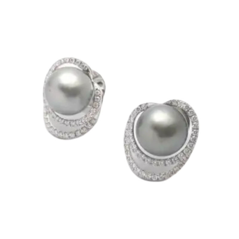 JE0654S - Grayish South Sea Pearl with Diamond Earrings set in 18K White Gold Setting