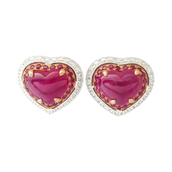 JE0444M - Heart Shape Cabochon Ruby with Pink Sapphire & Diamond Heart Earrings in 18K Rose/White Gold