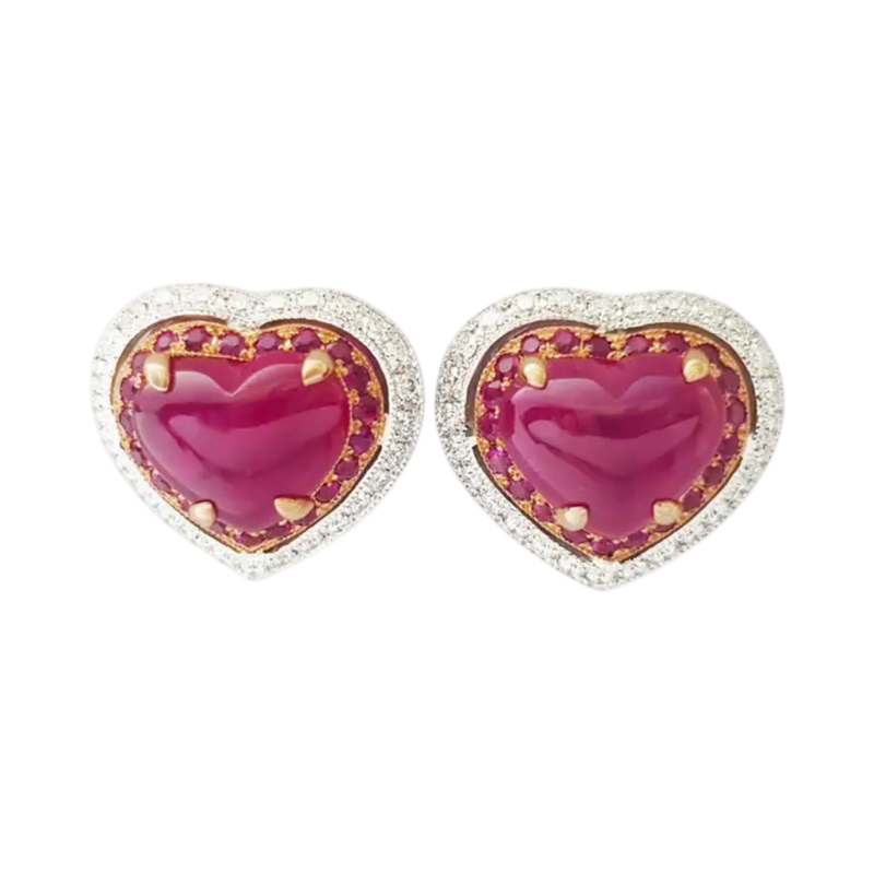 JE0444M - Heart Shape Cabochon Ruby with Pink Sapphire & Diamond Heart Earrings in 18K Rose/White Gold