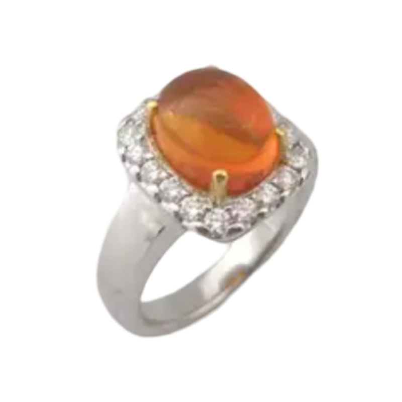 JR0218R - Fire Opal with Diamond Ring set in 18K White Gold Setting