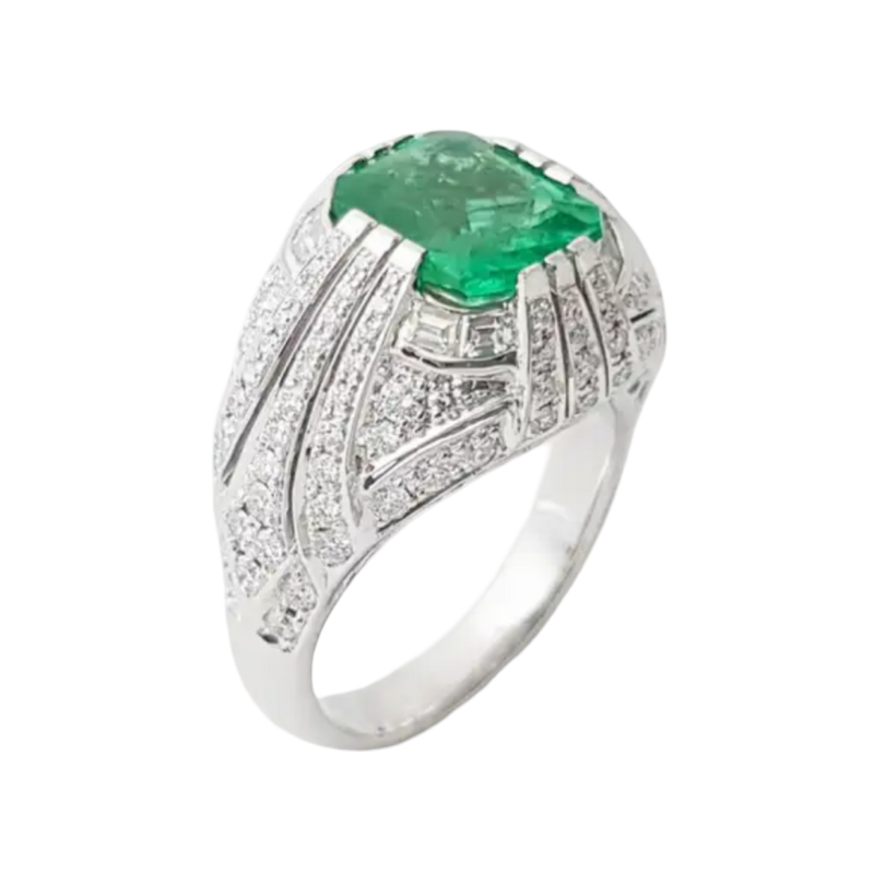 JR0362LK - Emerald with Diamond Ring set in 18K White Gold Setting