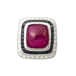 JR0226M - Cabochon Ruby with Black Sapphire and Diamond Ring set in 18K White Gold Setting