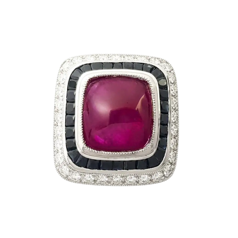 JR0226M - Cabochon Ruby with Black Sapphire and Diamond Ring set in 18K White Gold Setting