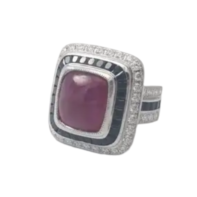 JR0226M - Cabochon Ruby with Black Sapphire and Diamond Ring set in 18K White Gold Setting