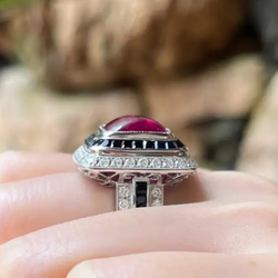 JR0226M - Cabochon Ruby with Black Sapphire and Diamond Ring set in 18K White Gold Setting