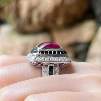 JR0226M - Cabochon Ruby with Black Sapphire and Diamond Ring set in 18K White Gold Setting