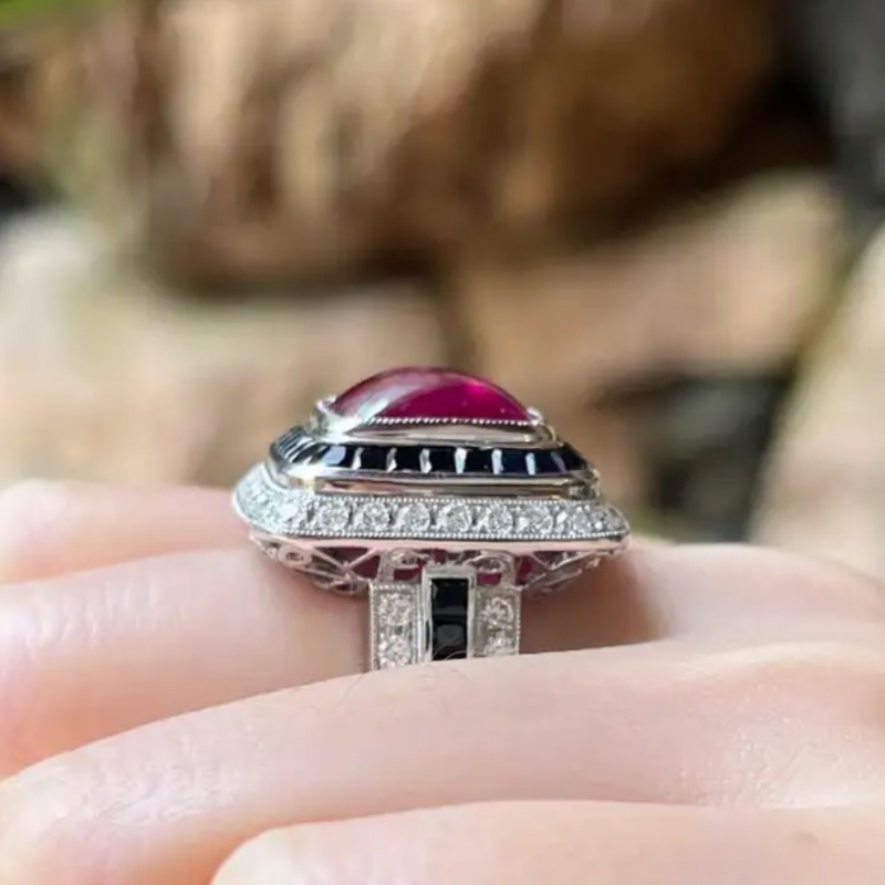 JR0226M - Cabochon Ruby with Black Sapphire and Diamond Ring set in 18K White Gold Setting