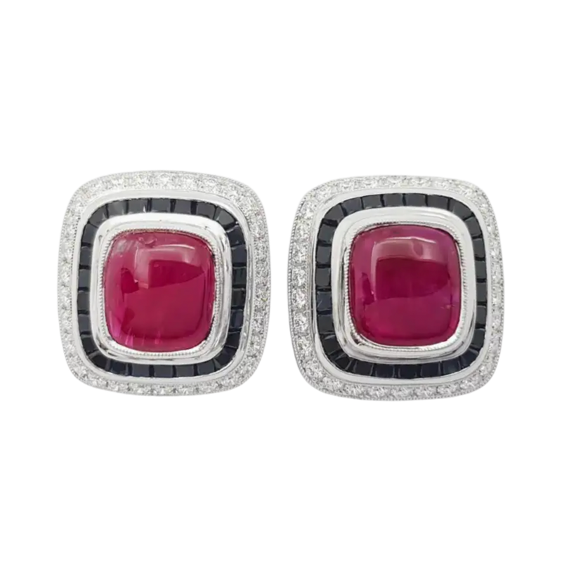 JE0218M - Cabochon Ruby, Black Sapphire and Diamond Earrings set in 18K White Gold Setting