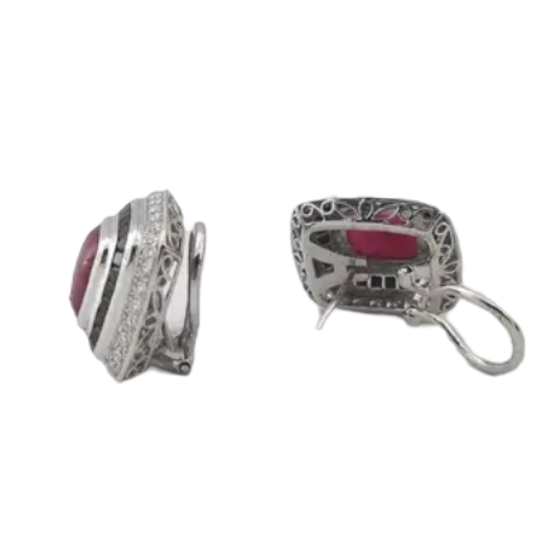 JE0218M - Cabochon Ruby, Black Sapphire and Diamond Earrings set in 18K White Gold Setting
