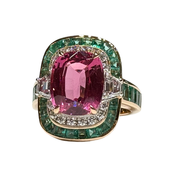 JR0259K - Unheated Spinel with Emerald & Diamond Ring Set in 18K Rose Gold Setting