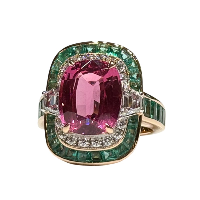 JR0259K - Unheated Spinel with Emerald & Diamond Ring Set in 18K Rose Gold Setting