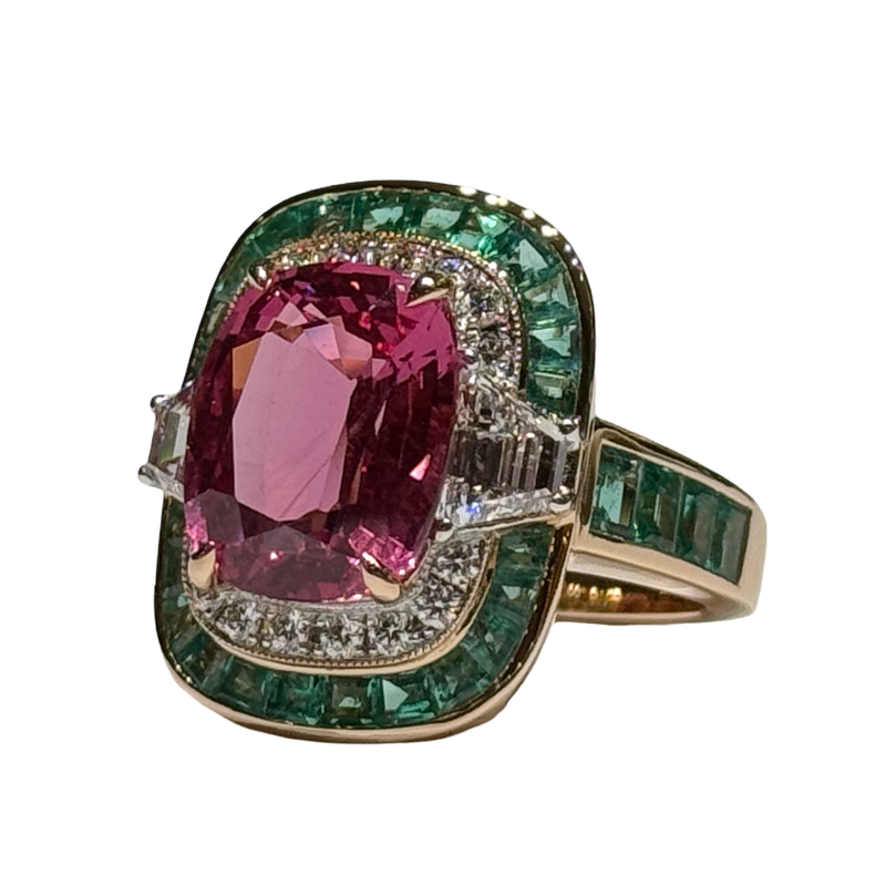 JR0259K - Unheated Spinel with Emerald & Diamond Ring Set in 18K Rose Gold Setting