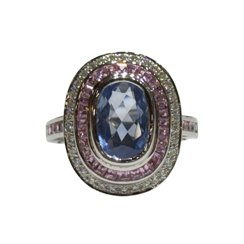 JR0258K - Unheated Pastel Blue Sapphire with Pink Sapphire & Diamond Ring Set in 18K White Gold