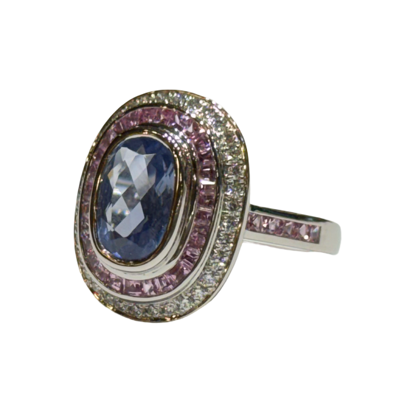JR0258K - Unheated Pastel Blue Sapphire with Pink Sapphire & Diamond Ring Set in 18K White Gold