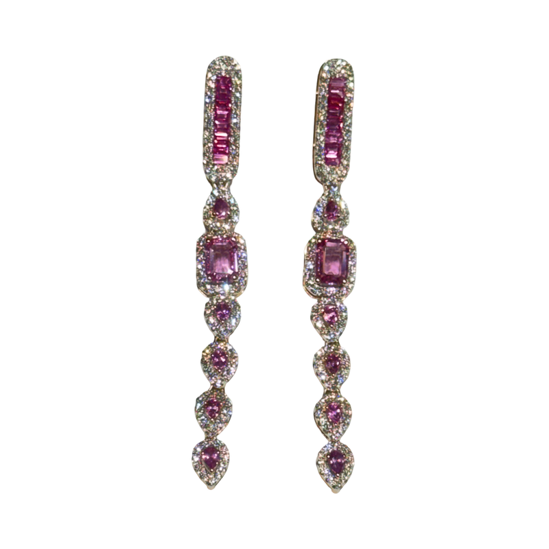 JE022/26 - Pink Sapphire with Diamond Long Earrings Set in 18K Rose Gold Setting