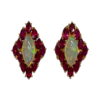 JE0192K - Marquise Opal and Ruby Earrings Set in 18K Gold Setting