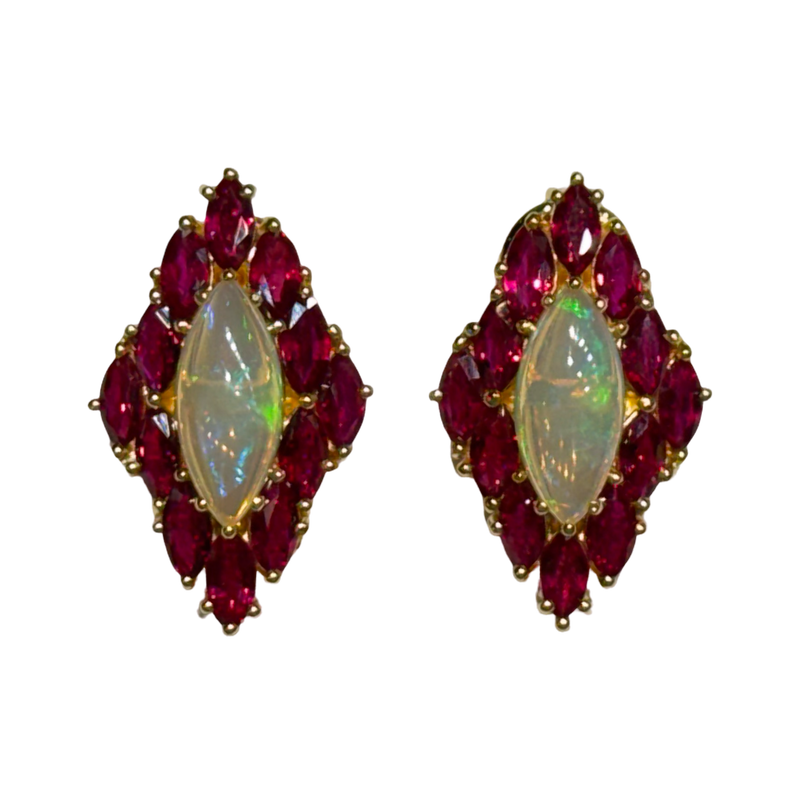 JE0192K - Marquise Opal and Ruby Earrings Set in 18K Gold Setting
