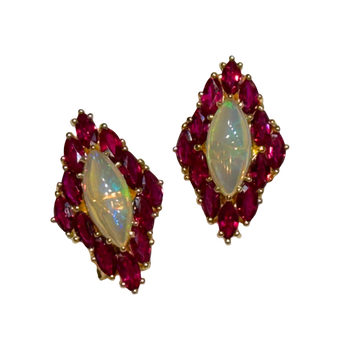 JE0192K - Marquise Opal and Ruby Earrings Set in 18K Gold Setting