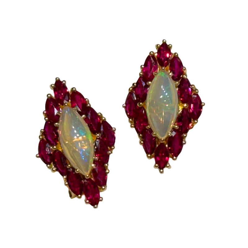 JE0192K - Marquise Opal and Ruby Earrings Set in 18K Gold Setting