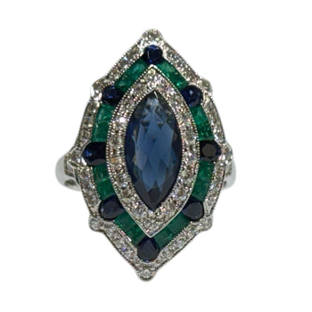 JR0291K - Art Deco Blue Sapphire, Emerald and Diamond Ring Set in 18K White Gold Setting