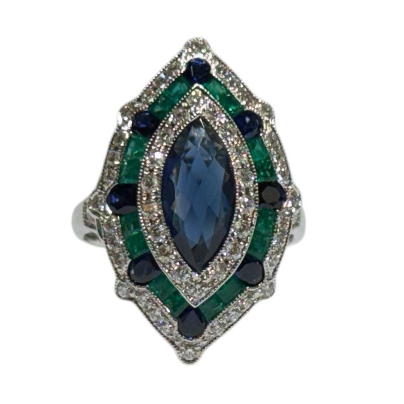 JR0291K - Art Deco Blue Sapphire, Emerald and Diamond Ring Set in 18K White Gold Setting