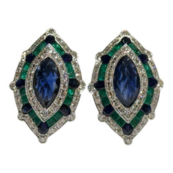 JE0202K - Blue Sapphire, Emerald and Diamond Art Deco Earrings Set in 18K White Gold Setting