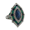 JR0291K - Art Deco Blue Sapphire, Emerald and Diamond Ring Set in 18K White Gold Setting
