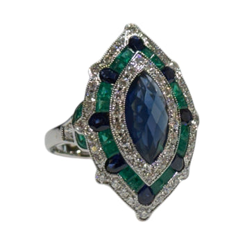 JR0291K - Art Deco Blue Sapphire, Emerald and Diamond Ring Set in 18K White Gold Setting